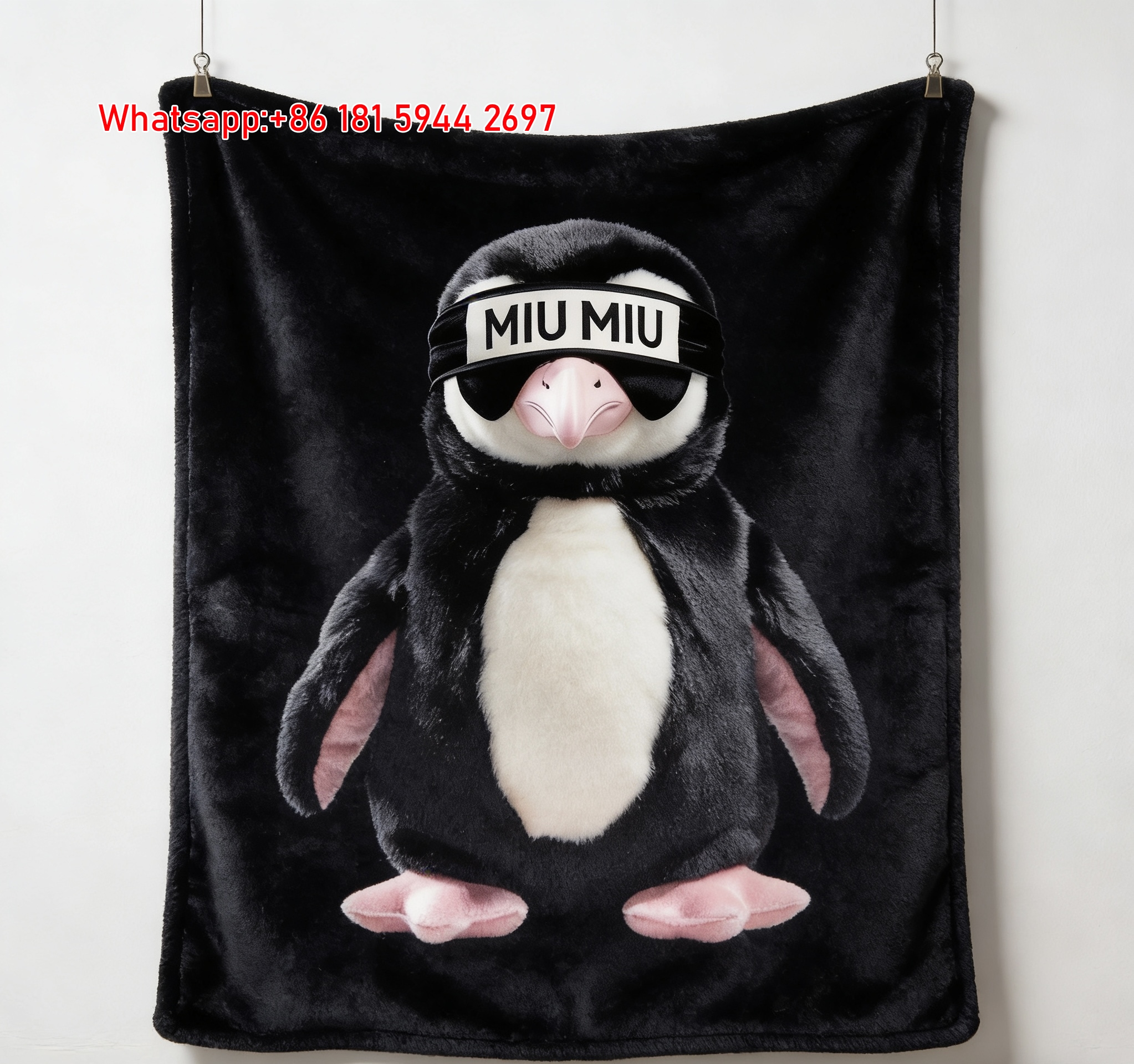 Luxury Miu Miu Black & Pink Penguin Print Flannel Sofa Throw Blanket - Logo Eyepatch Design IMG_0515